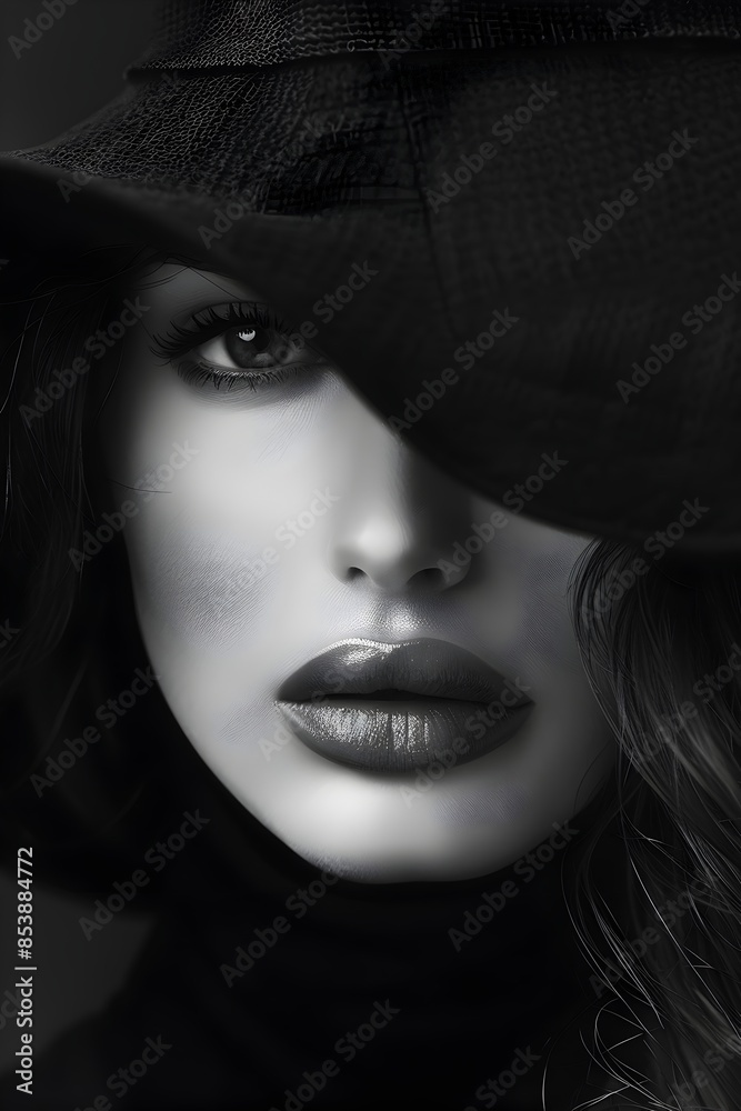 Captivating Monochrome Portrait of Pensive and Mysterious Female Model with Dramatic Lighting and Shadowy Aesthetic Captivating Monochrome Portrait of Pensive and Mysterious Female Model with Dramatic Lighting and Shadowy Aesthetic