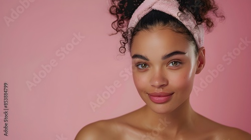 Captivating Portrait of a Radiant Hispanic Woman with Healthy Glowing Skin in Pink Backdrop