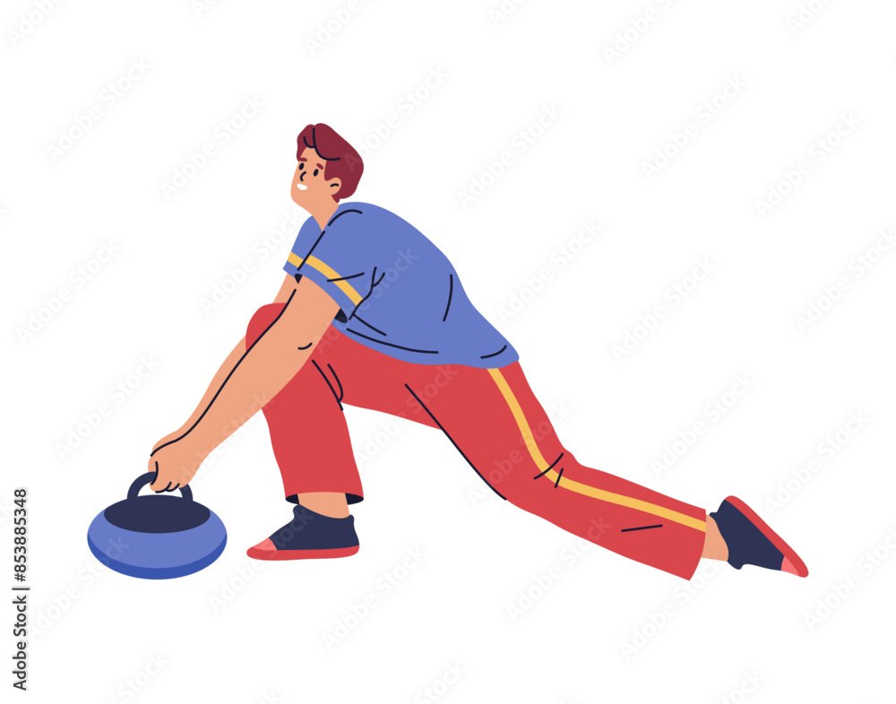 Obraz premium Winter Olympics sports activities and challenges for team. Isolated curling player on ice, athletic competition or sporting event for professionals. Vector cartoon character in flat style