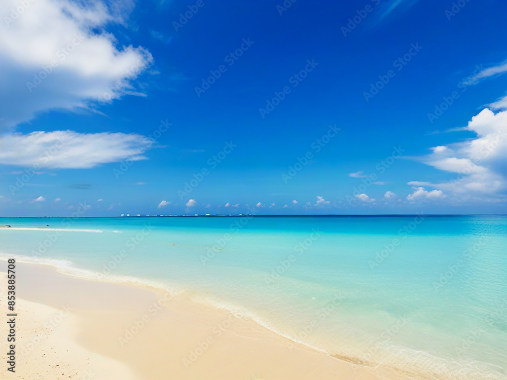 Beautiful beach with white sand, turquoise sea water and blue sky with clouds on a sunny day. Surgery. Natural background for summer vacation Beautiful beach with white sand, turquoise sea water and blue sky with clouds on a sunny day. Surgery. Natural background for summer vacation