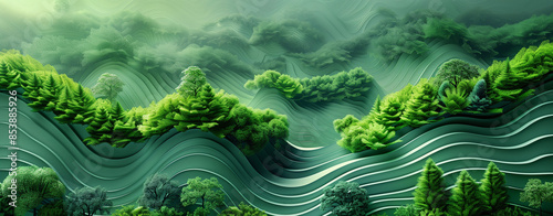 Illustration of an Abstract organic green, grass, trees, lines as wallpaper background backdrop