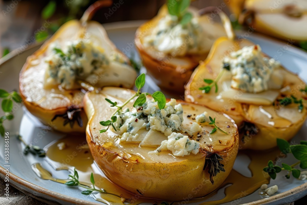 elegant baked pears with tangy blue cheese and drizzled honey garnished with fresh herbs food photography elegant baked pears with tangy blue cheese and drizzled honey garnished with fresh herbs food photography
