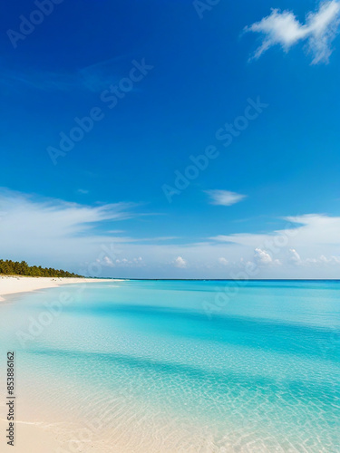Beautiful beach with white sand, turquoise sea water and blue sky with clouds on a sunny day. Surgery. Natural background for summer vacation