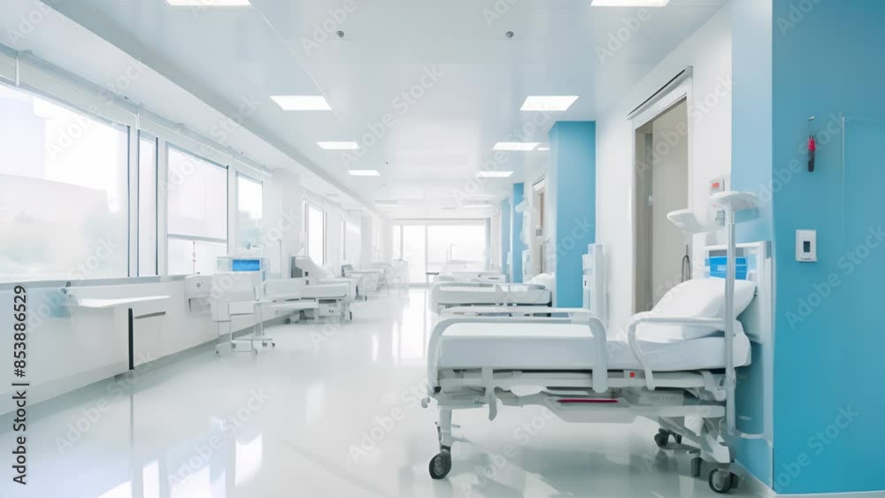 Surgical beds in a long, bright hospital corridor Surgical beds in a long, bright hospital corridor