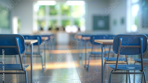 School classroom in blur background without young student. Blurry view of elementary class room no kid or teacher with chairs and tables in campus.Back to school concept © Pter