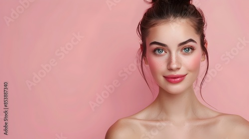 Confident and Radiant European Woman in Spa Inspired Beauty Portrait Against Pink Background