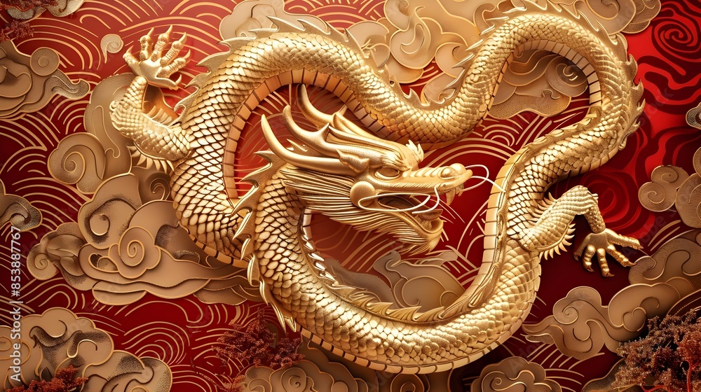 Fototapeta premium Majestic Golden Chinese Dragon Coiled in Traditional Decorative Patterns