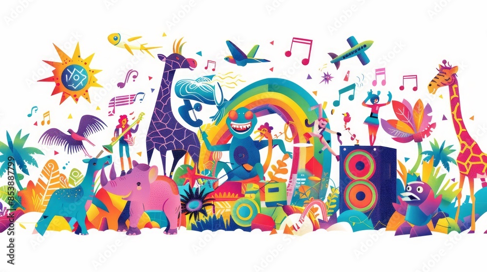 Fototapeta premium Music festival graphics, fun music concept, all kinds of animals and monsters playing music and enjoying the music.
