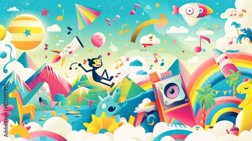 Music festival graphics, fun music concept, all kinds of animals and monsters playing music and enjoying the music.