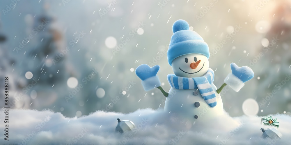 A charming snowman wearing a blue hat and scarf stands in a snowy landscape, capturing the essence of winter and the joy of the holiday season. A charming snowman wearing a blue hat and scarf stands in a snowy landscape, capturing the essence of winter and the joy of the holiday season.