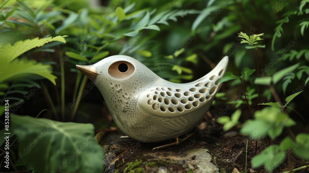 Ceramic ocarina shaped like a bird, with detailed feathers and natural colors, set in a lush garden, blending seamlessly with the environment Ceramic ocarina shaped like a bird, with detailed feathers and natural colors, set in a lush garden, blending seamlessly with the environment