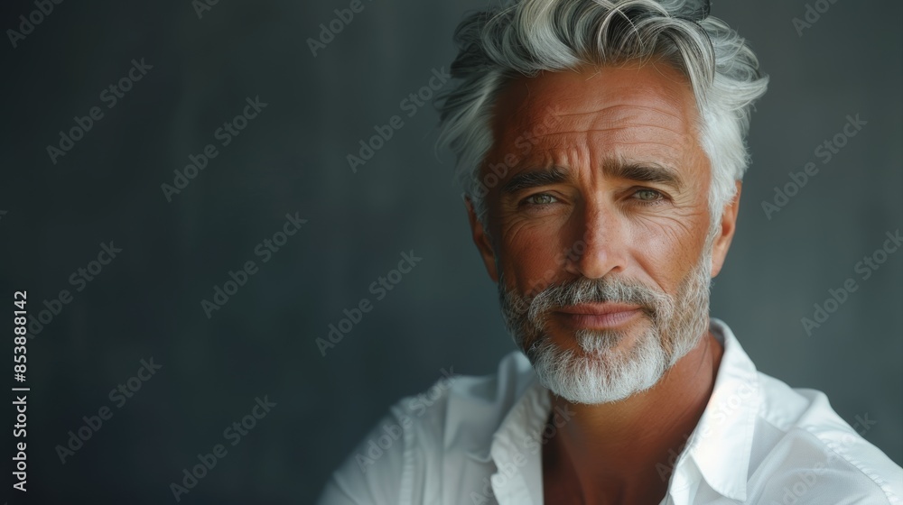 Portrait of a pensive mature man with dainty silver hair and a white shirt posing for a portrait against a neutral light background Portrait of a pensive mature man with dainty silver hair and a white shirt posing for a portrait against a neutral light background
