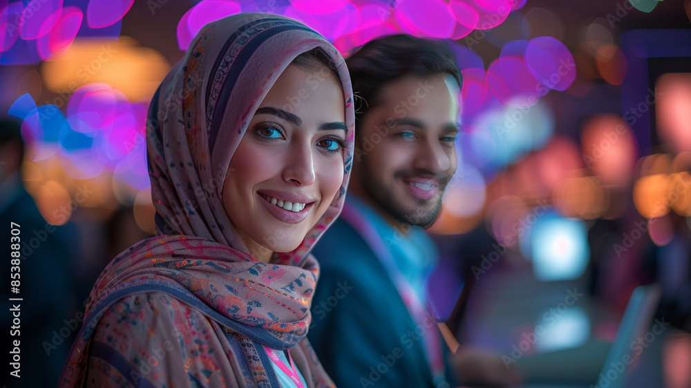 Blue and purple lighting of Emirati business woman and man smiling at a laptop, icons of security, connect, and control.generative ai Blue and purple lighting of Emirati business woman and man smiling at a laptop, icons of security, connect, and control.generative ai