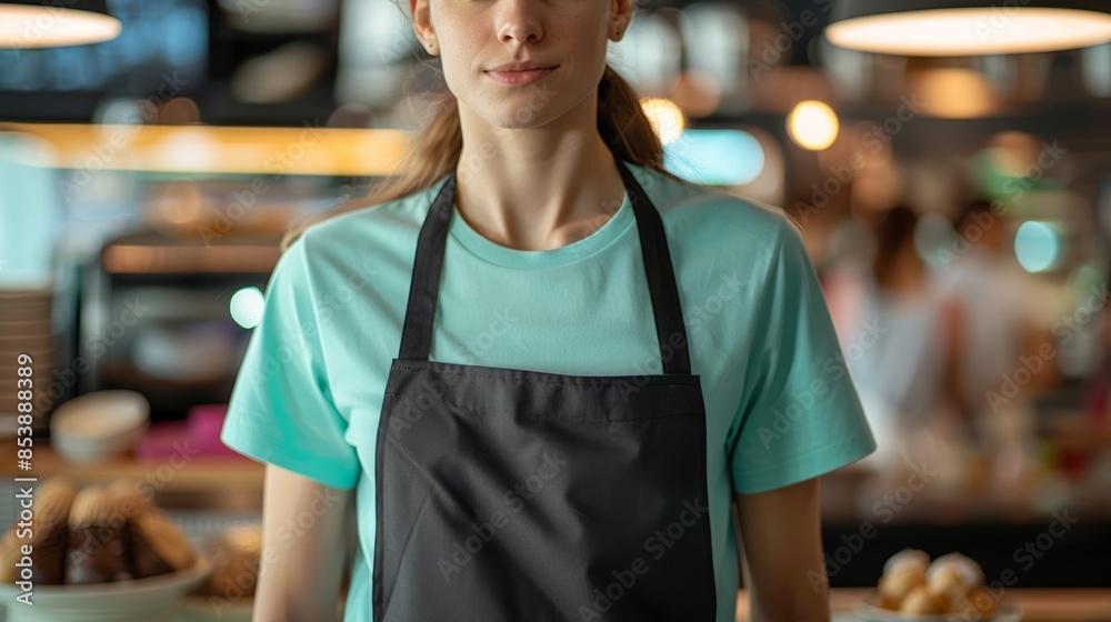 uniform of an employee of a ice cream shop on a mall, wearing a black apron and a aqua color t-shirt. barista uniform of an employee of a ice cream shop on a mall, wearing a black apron and a aqua color t-shirt. barista