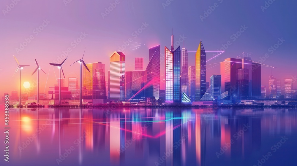 Futuristic cityscape with skyscrapers, wind turbines, and vibrant colors reflecting on water at sunrise. Sustainable urban development concept. Futuristic cityscape with skyscrapers, wind turbines, and vibrant colors reflecting on water at sunrise. Sustainable urban development concept.