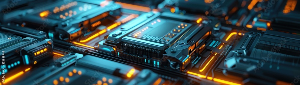 Futuristic computer circuit board with glowing elements in blue and orange, showcasing advanced technology and digital innovation. Futuristic computer circuit board with glowing elements in blue and orange, showcasing advanced technology and digital innovation.