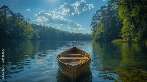 A Wooden Rowboat Awaits on a Tranquil Lake Surrounded by Lush Greenery Under a Bright Blue Sky. Generative AI