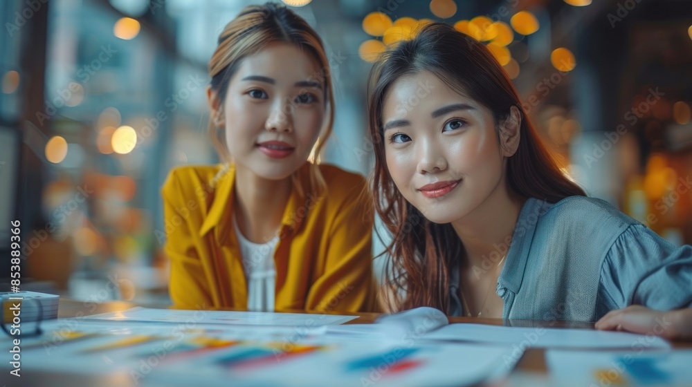 Two Young Asian businesswoman discuss with new startup project Idea presentation, analyze planning and financial statistics and investment market at office Two Young Asian businesswoman discuss with new startup project Idea presentation, analyze planning and financial statistics and investment market at office