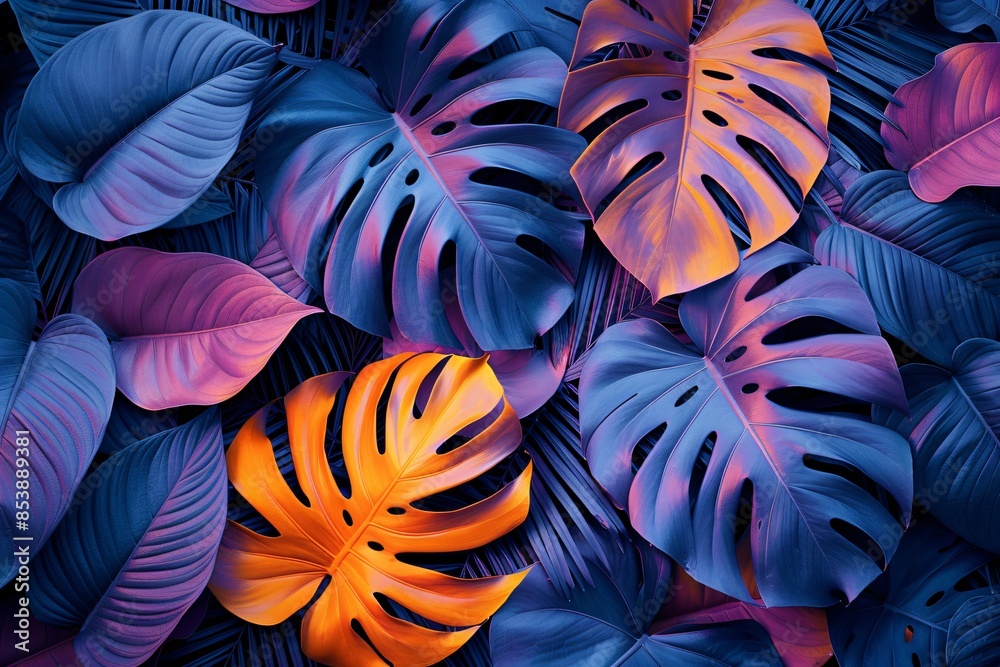 Close up of tropical leaves in orange and blue
