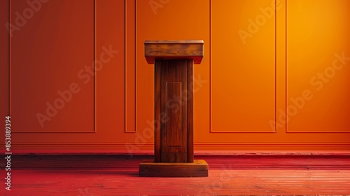 A clean background in the color orange. Positioned on this clean background is a lifelike photograph of a wooden lectern  photo