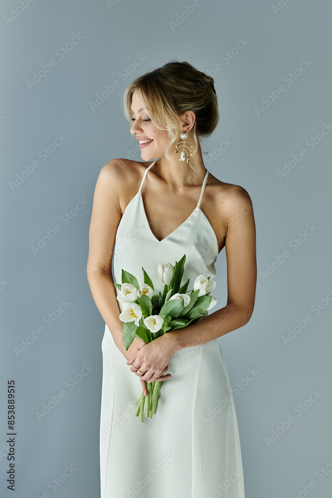 A beautiful, young woman with blonde hair holding a bouquet of flowers in a white dress on a grey background. A beautiful, young woman with blonde hair holding a bouquet of flowers in a white dress on a grey background.