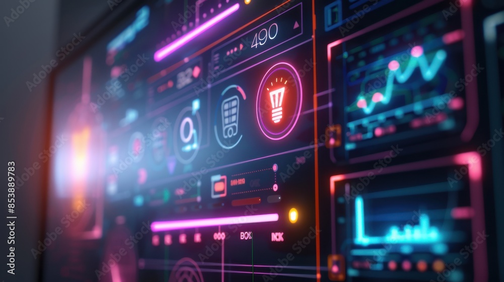 Futuristic data dashboard with glowing neon lights and analytic graphs on a digital screen, showcasing technology and innovation. Futuristic data dashboard with glowing neon lights and analytic graphs on a digital screen, showcasing technology and innovation.