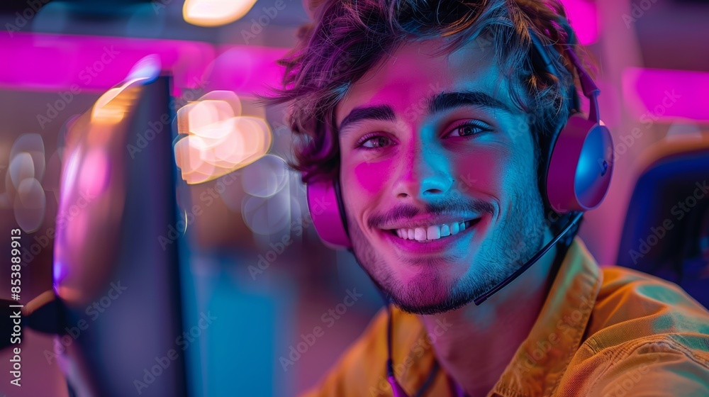  An experienced customer service representative, energetic atmosphere, modern