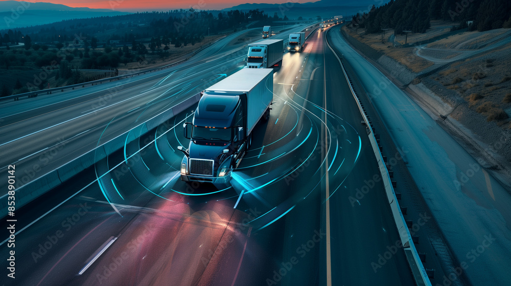 Aerial view of autonomous truck driving on autopilot on a highway with traffic sensors scanning surroundings, Cargo delivery, transportation of the future, Artificial intelligence, Self