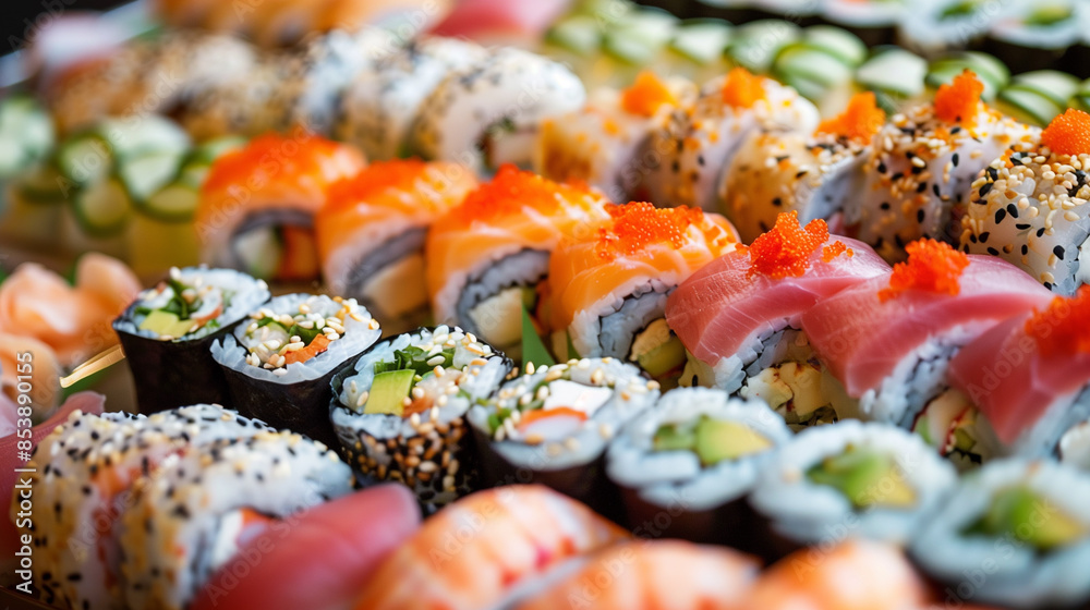 Set of japanese multi-colored sushi pieces vertical photo shot from top view with different mixed various rolls close-up Set of japanese multi-colored sushi pieces vertical photo shot from top view with different mixed various rolls close-up
