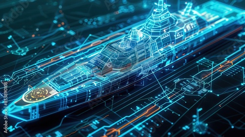 Futuristic digital blueprint of a high-tech warship in a holographic style, showcasing advanced military technology and intricate details.