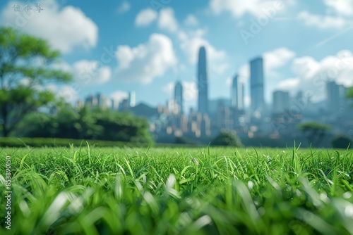 Green lawn with city skyline in the background, Shenzhen China, bright daylight, clean and simple design, high resolution, high quality, 3D rendering, wide angle lens, sharp focus, professional photog