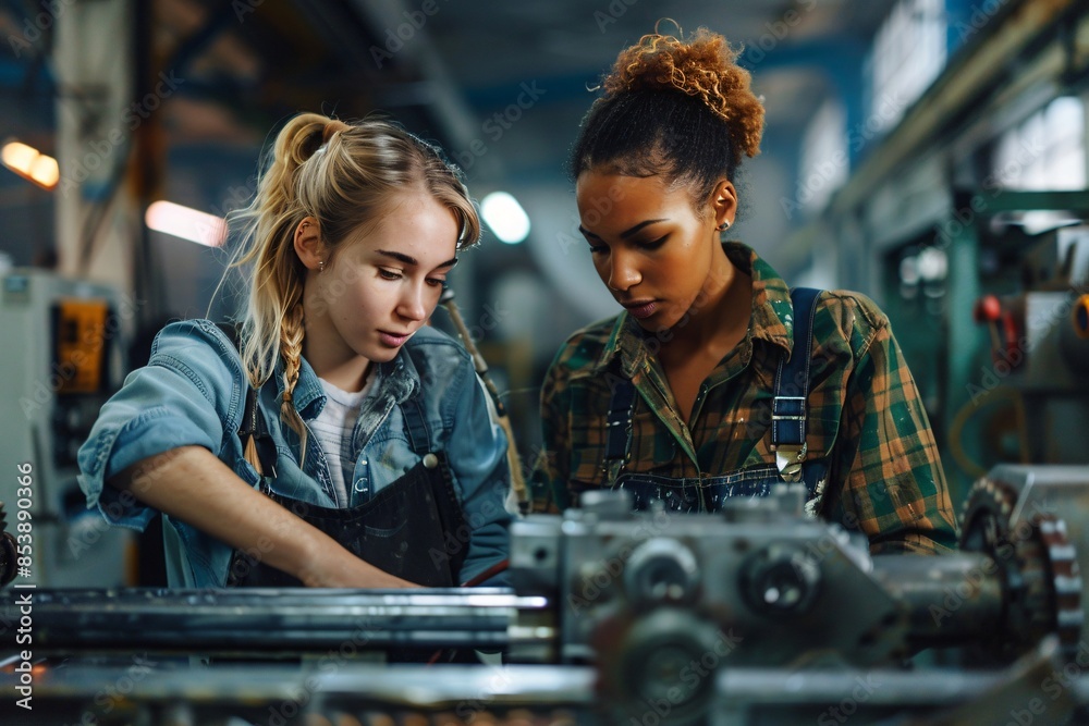 Pair of women operating machinery at industrial plant Pair of women operating machinery at industrial plant