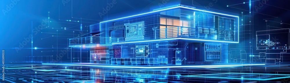 Futuristic digital building with neon lights and holographic elements representing advanced technology and virtual reality environments. Futuristic digital building with neon lights and holographic elements representing advanced technology and virtual reality environments.