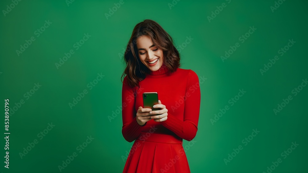 A woman in a red sweater smiles as she uses her smartphone, captured against a green background. The image highlights modern communication and the joy of staying connected. A woman in a red sweater smiles as she uses her smartphone, captured against a green background. The image highlights modern communication and the joy of staying connected.