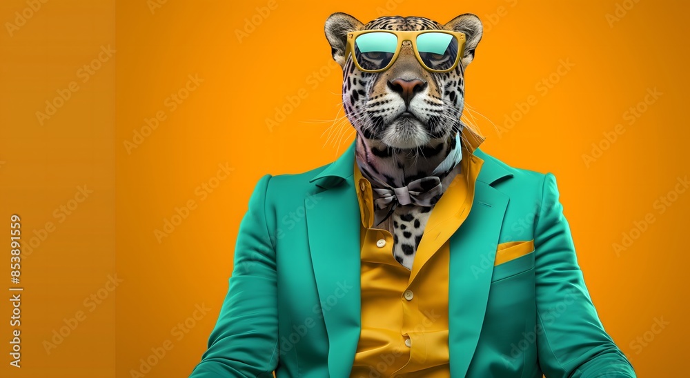 Anthropomorphic jaguar leopard wearing fashion,  jaguar leopard fashion shows,  jaguar leopard fashion shot, animals wearing fashion, animal fashion shows, animal fashion shot
