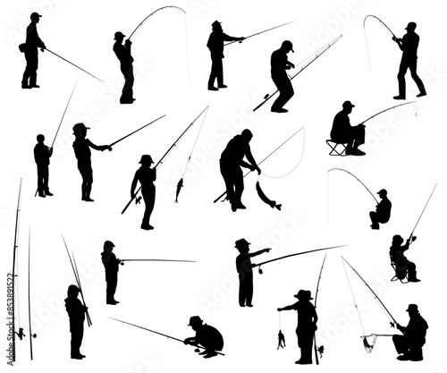 Silhouettes of fisherman with fishing rods. Vector illustration.