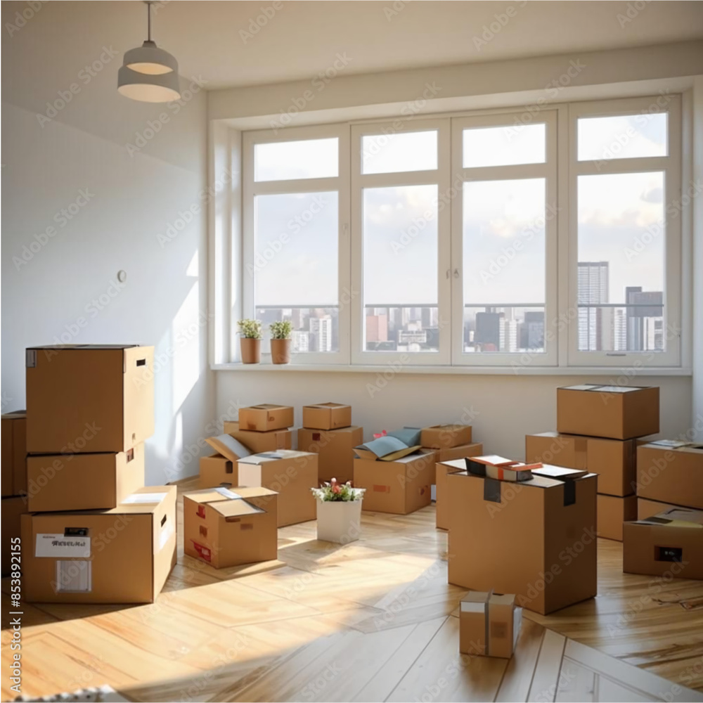 Boxes with Things Collected for Moving into a Cozy, Bright Apartment. Organized and Cheerful Moving Day Scene for Home and Lifestyle Concepts Boxes with Things Collected for Moving into a Cozy, Bright Apartment. Organized and Cheerful Moving Day Scene for Home and Lifestyle Concepts