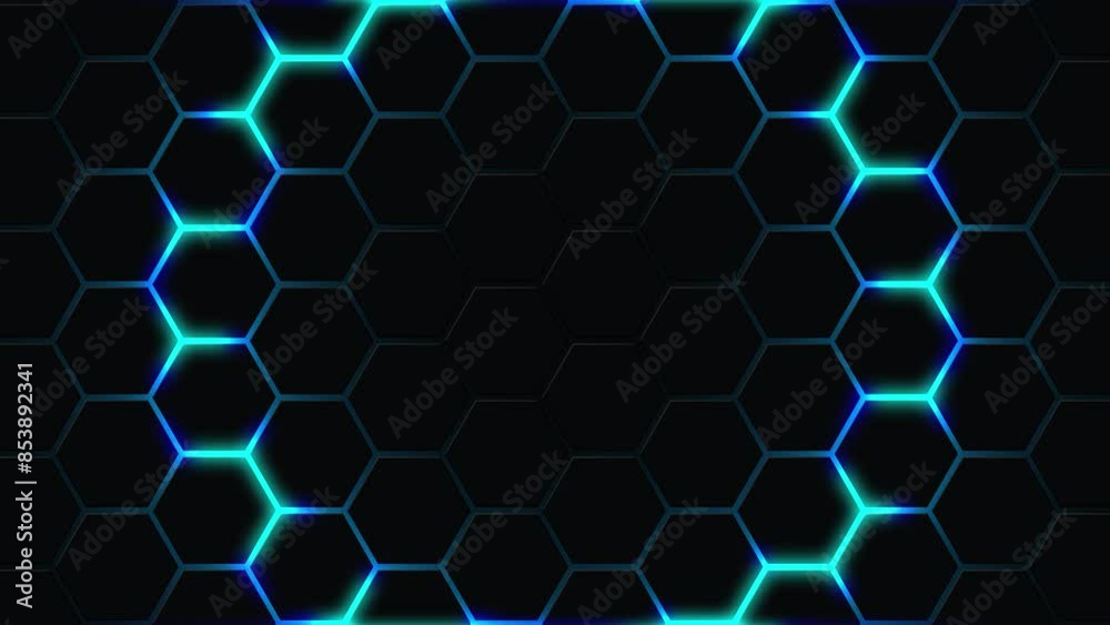 Pattern of hexagons on a black background. Symmetrical honeycomb structure on a dark gradient. An energetic pulse of circular blue color. Geometric digital shape. Vector linear structure of a wasp