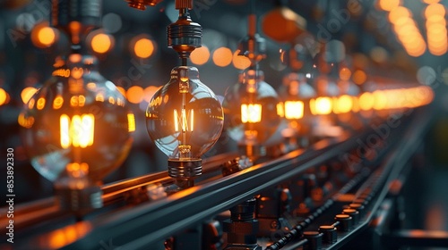 Production line with glowing light bulbs in a row, industrial assembly process, blurred background, warm lighting, realistic, detailed manufacturing environment 8K , high-resolution, ultra HD,up32K HD