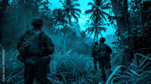 Fototapeta Naklejka Na Ścianę i Meble -  Infrared night vision image of soldiers patrolling in a jungle setting.


