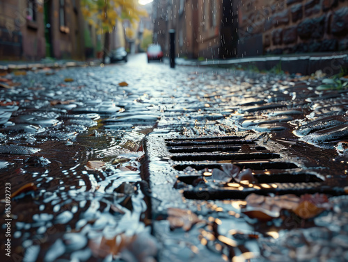 A low-angle shot of a cobblestone street during rainfall. Water flows towards a drain, reflecting the surroundings. Fallen leaves are scattered around, and buildings line the street in the background