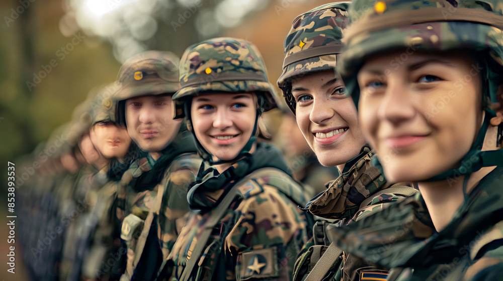 A group of smiling soldiers in camouflage uniforms and helmets standing in formation, showcasing camaraderie and team spirit.
A group of smiling soldiers in camouflage uniforms and helmets standing in formation, showcasing camaraderie and team spirit.