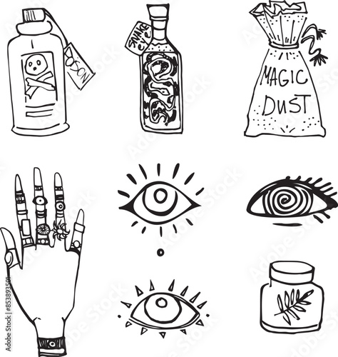 Set line art drawing clipart halloween holiday party invitation. Witch minimalistic items icons bird skull witch magic book sword rose flower Gothic stickers design elements on occult scary theme