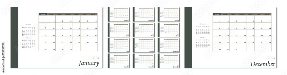 Flat illustration. Calendar for 2024 on a light background. Ideal for the design of your workplace... Flat illustration. Calendar for 2024 on a light background. Ideal for the design of your workplace...