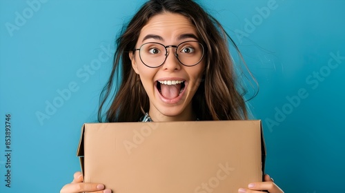 young woman making an exaggerated joyful expression while holding a cardboard box in a blue studio photo