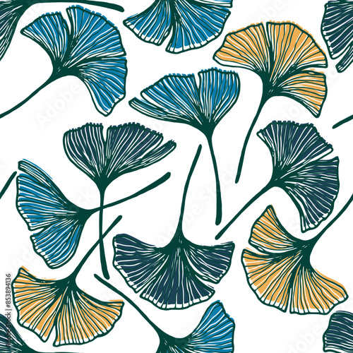 Ginkgo biloba leaves seamless batik print. Botany foliage composition.