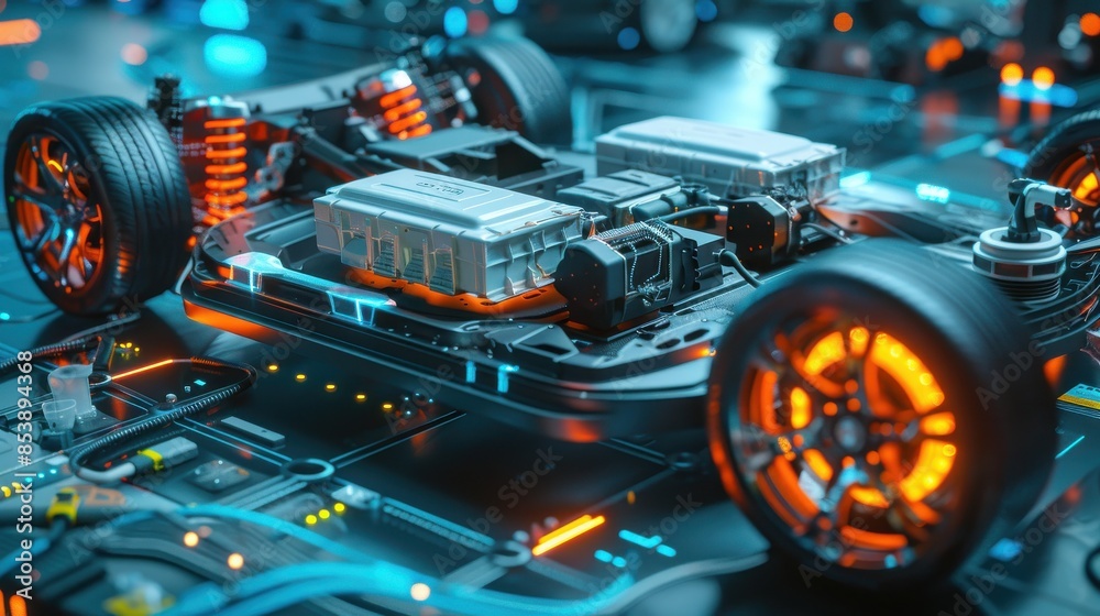 Obraz premium Futuristic electric car chassis with illuminated components and advanced technology on a high-tech circuit board background.