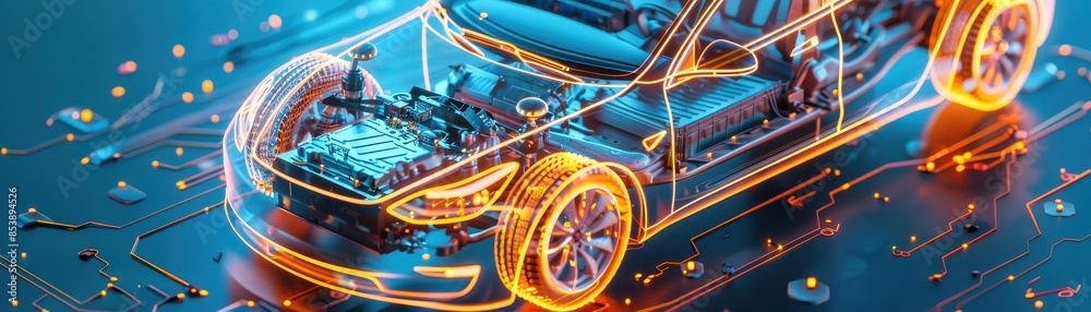 Fototapeta premium Futuristic electric car concept with glowing neon lights and transparent design showcasing internal components on a digital background.