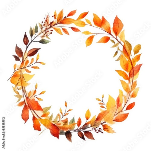 Watercolor autumn leaf wreath. A circle picture frame decorated with orange and brown leaves and separated with white background. Watercolor. Seasonal decoration and thanksgiving concept. AIG35.