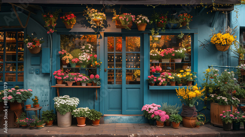 A charming flower shop with a colorful array of potted flowers and plants displayed outside, set against a vibrant blue facade.  © RaptorWoman
